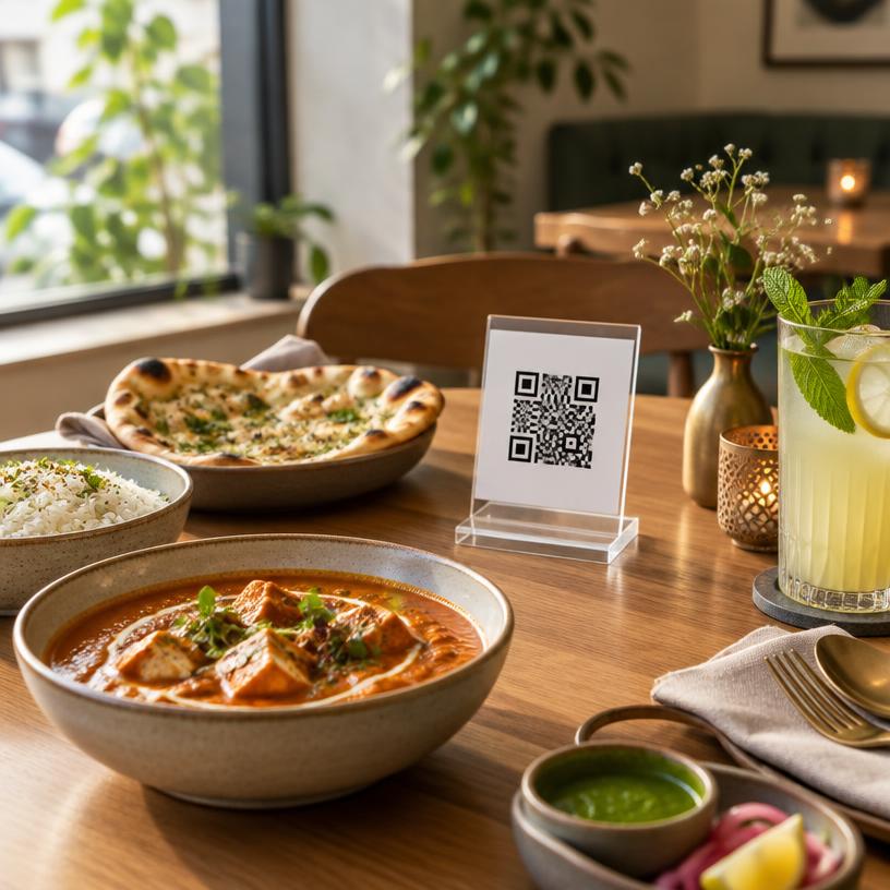 Restaurant table with food and a QR ordering stand