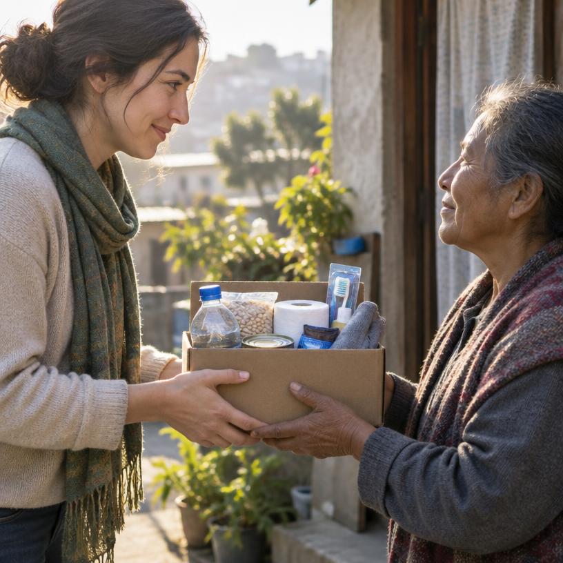 Illustrative scene of two people sharing a box of supplies