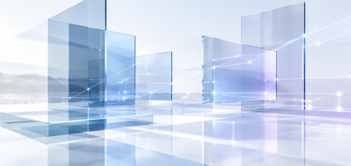 Illustration of connected glass structures representing technology infrastructure